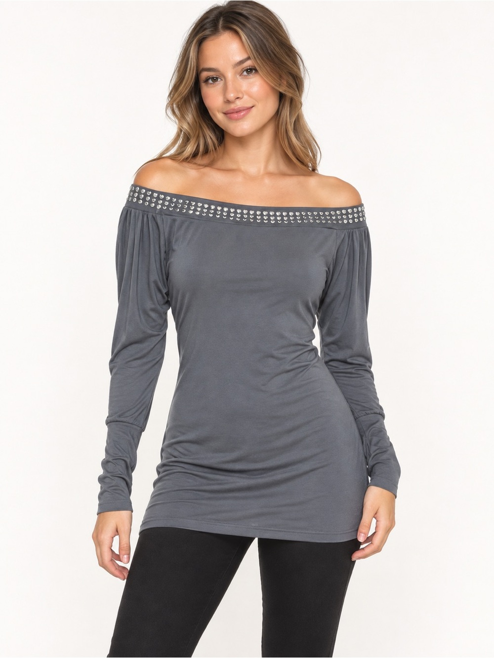 VENUS Off-Shoulder Long Sleeve Tunic Top with Stud Trim - Gray